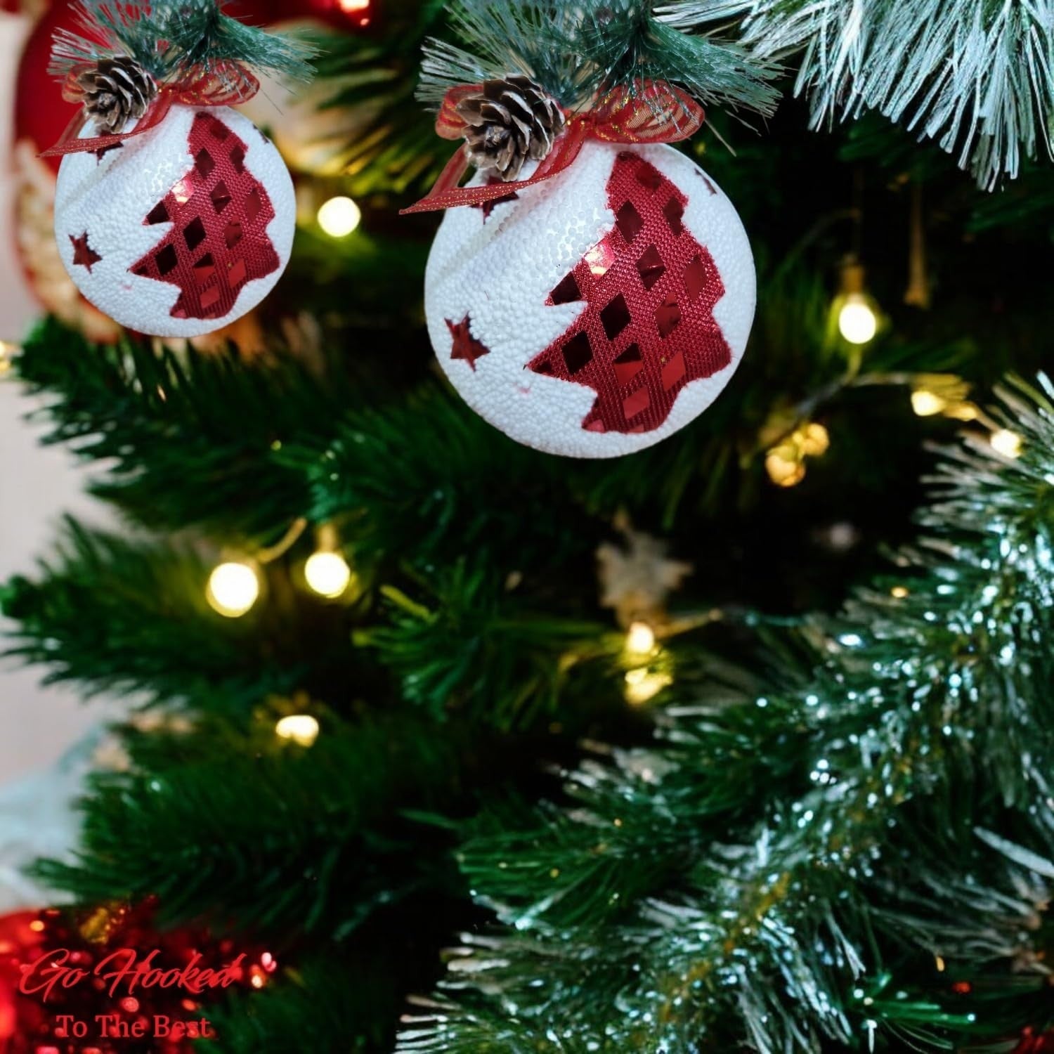Go Hooked multicolor Christmas tree ornaments with glittery red trees and stars. Pack of 3.