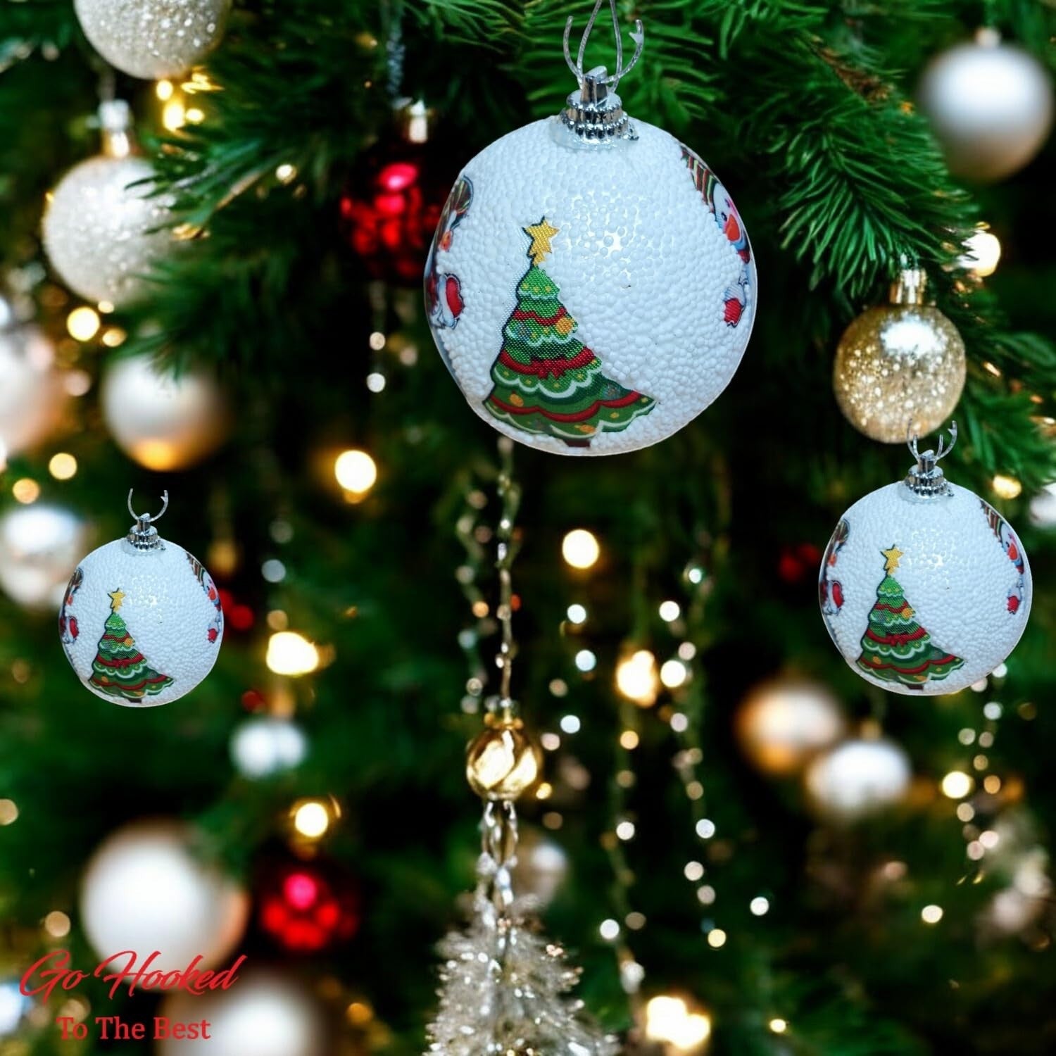 GoHooked multicolor Christmas tree ornaments with glitter and festive designs, 3-inch diameter, pack of 6.