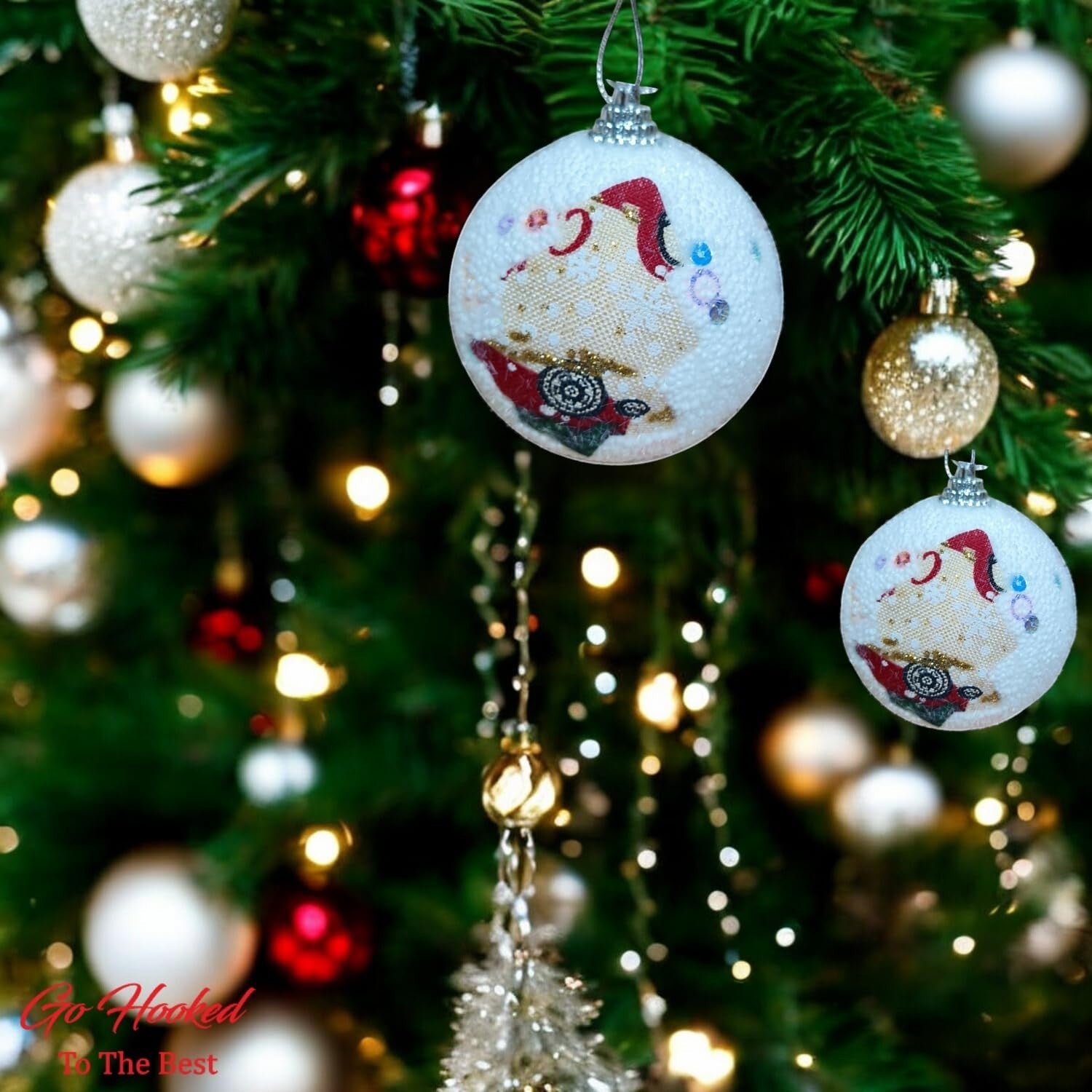 Go Hooked multicolor Christmas ornaments with Santa design, glitter accents, and hanging loops. Set of 6.