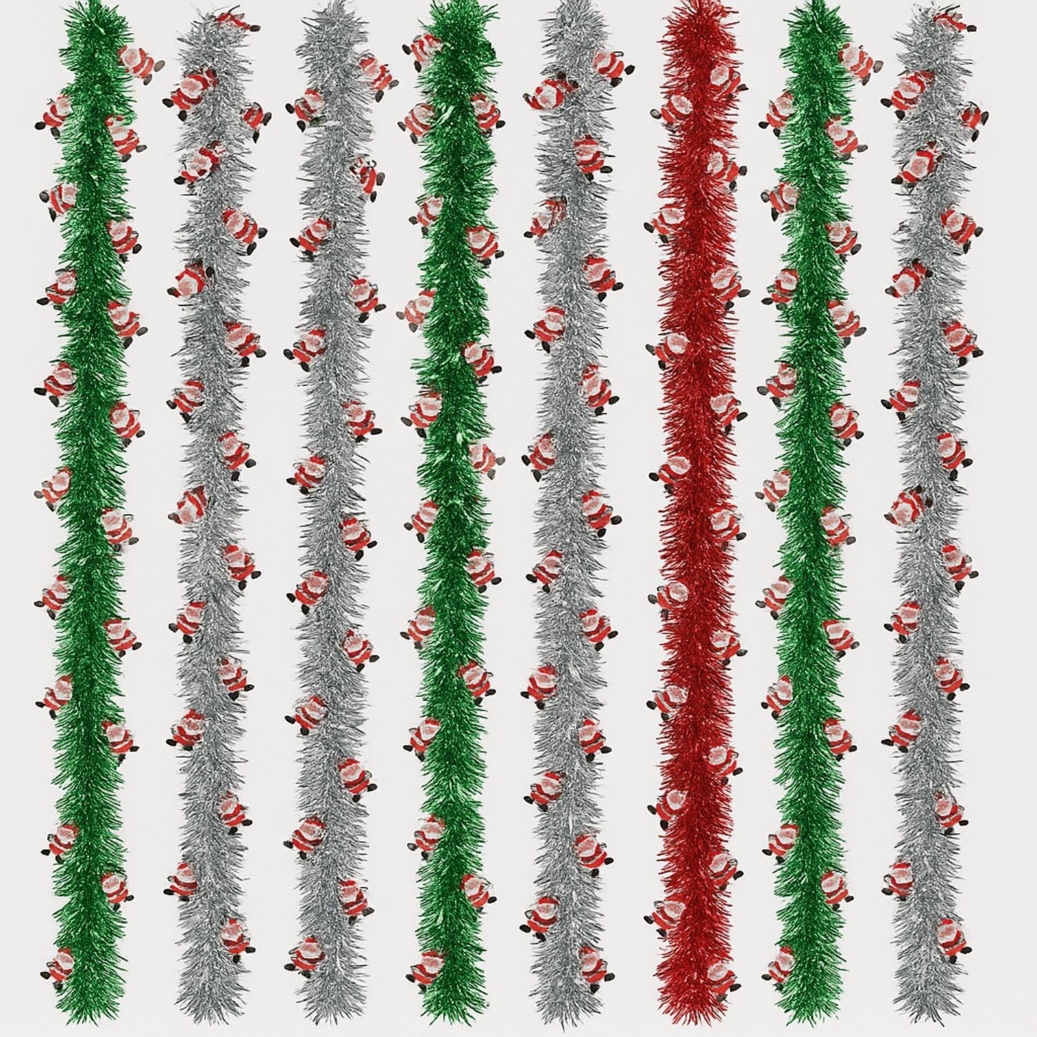 GoHooked 5 Pcs Christmas tinsel garland in green, silver, and red with Santa figures. Perfect for festive home decor.