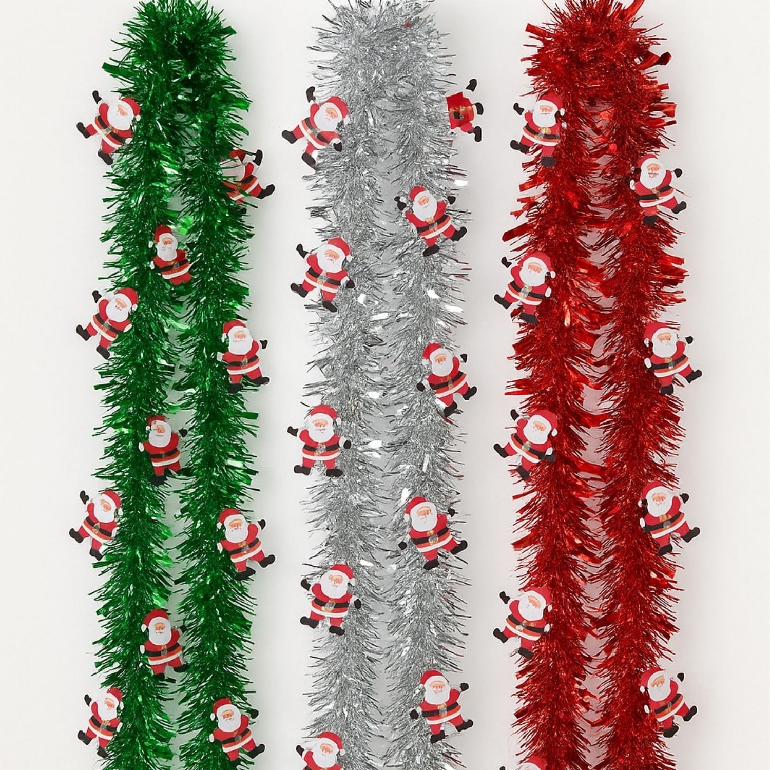 GoHooked 5 Pcs Christmas tinsel garland in red, green, and silver, each with Santa Claus figures.