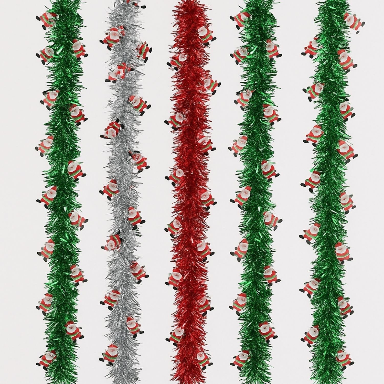 GoHooked 5 Pcs Christmas tinsel garland in red, green, and silver with Santa Claus figures. Perfect for festive home decor.