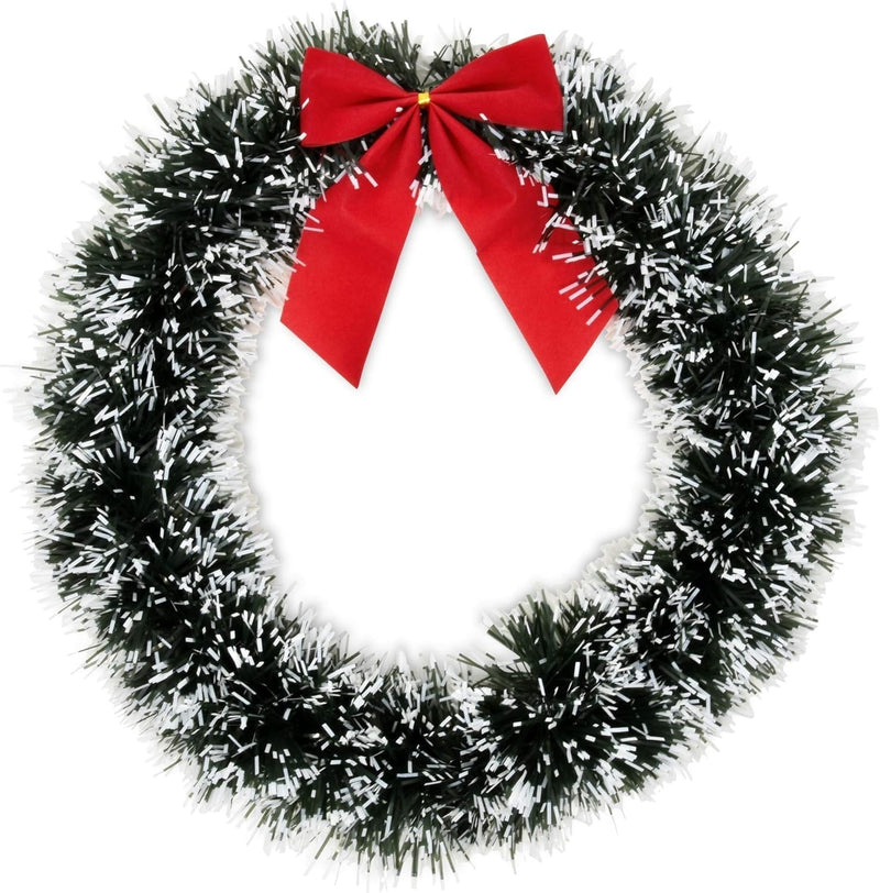 GoHooked 20cm artificial pine Christmas wreath with a red bow, dusted with white accents. Indoor wall and door decor.