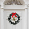 GoHooked 20cm artificial pine Christmas wreath with red bow and gold door knocker detail, green and white.