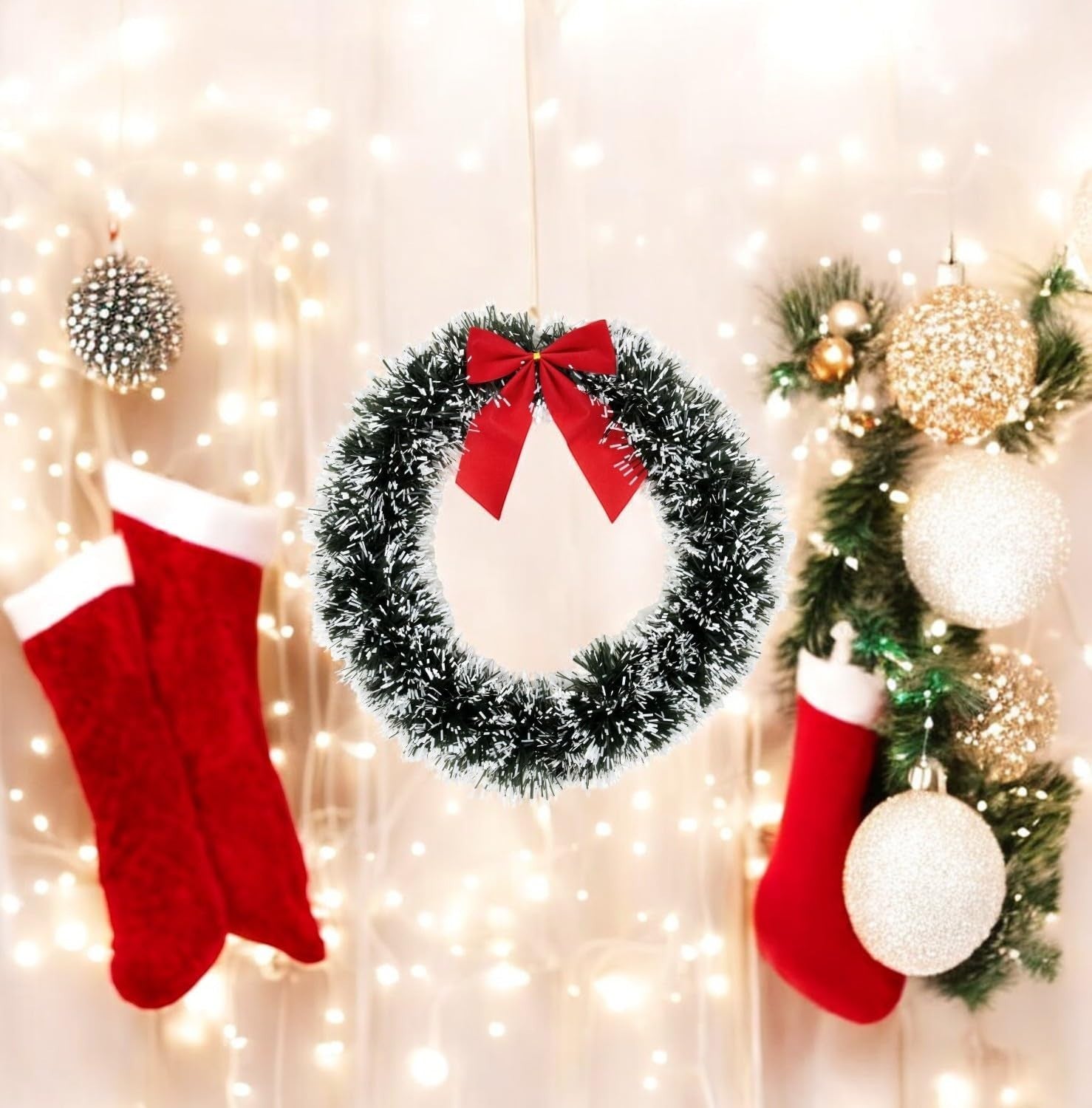 GoHooked 20cm artificial pine Christmas wreath with red bow, green and white tinsel, indoor wall decor