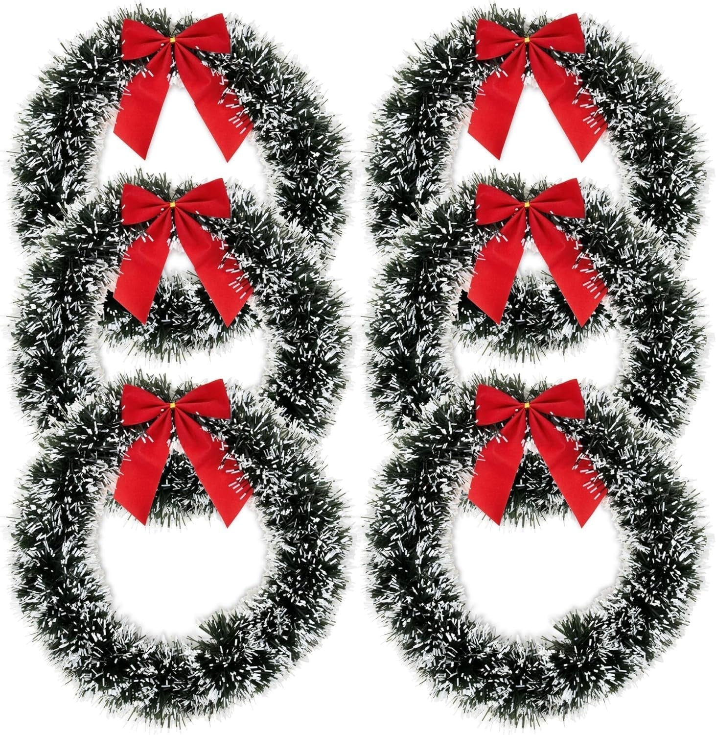 GoHooked artificial pine Christmas wreaths with red bows, 20cm diameter, green and white tinsel, indoor decor.