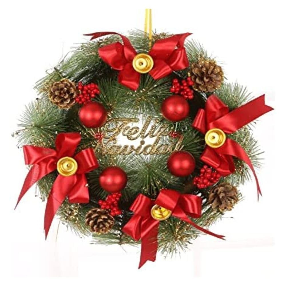 GoHooked Christmas wreath with red bows, pinecones, red berries, and "Feliz Navidad" text.