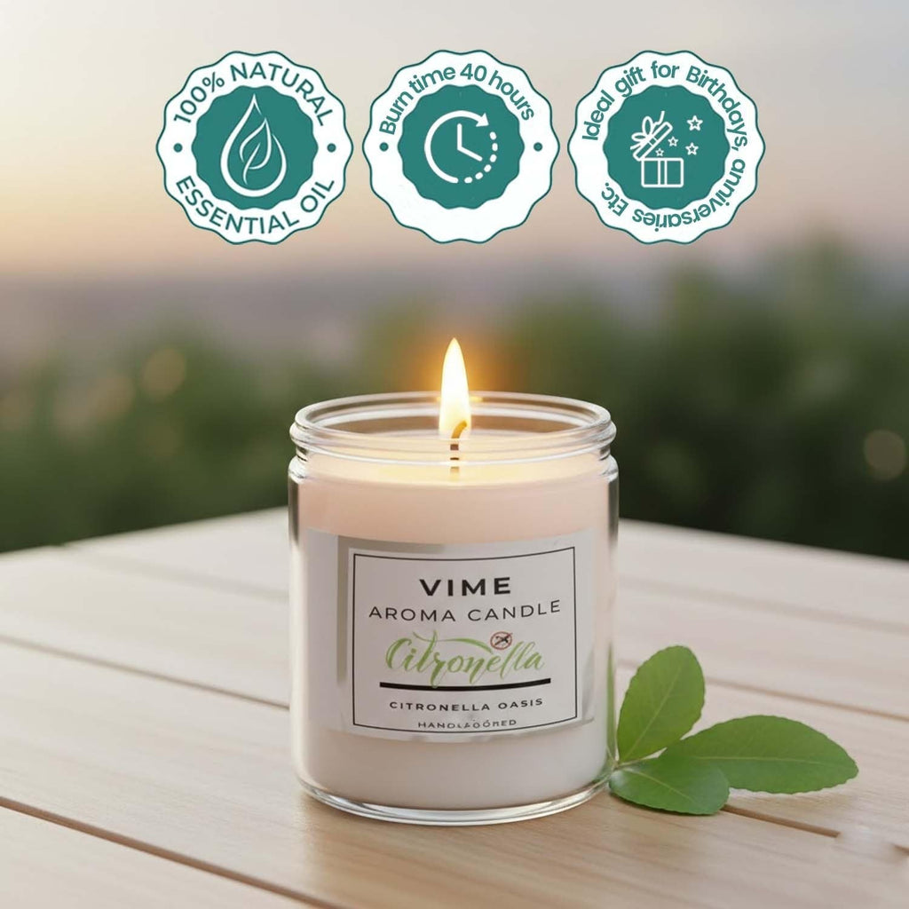 GoHooked ViMe Citronella Oasis aroma candle in a clear glass jar with a white label. Natural essential oil, 40-hour burn time.