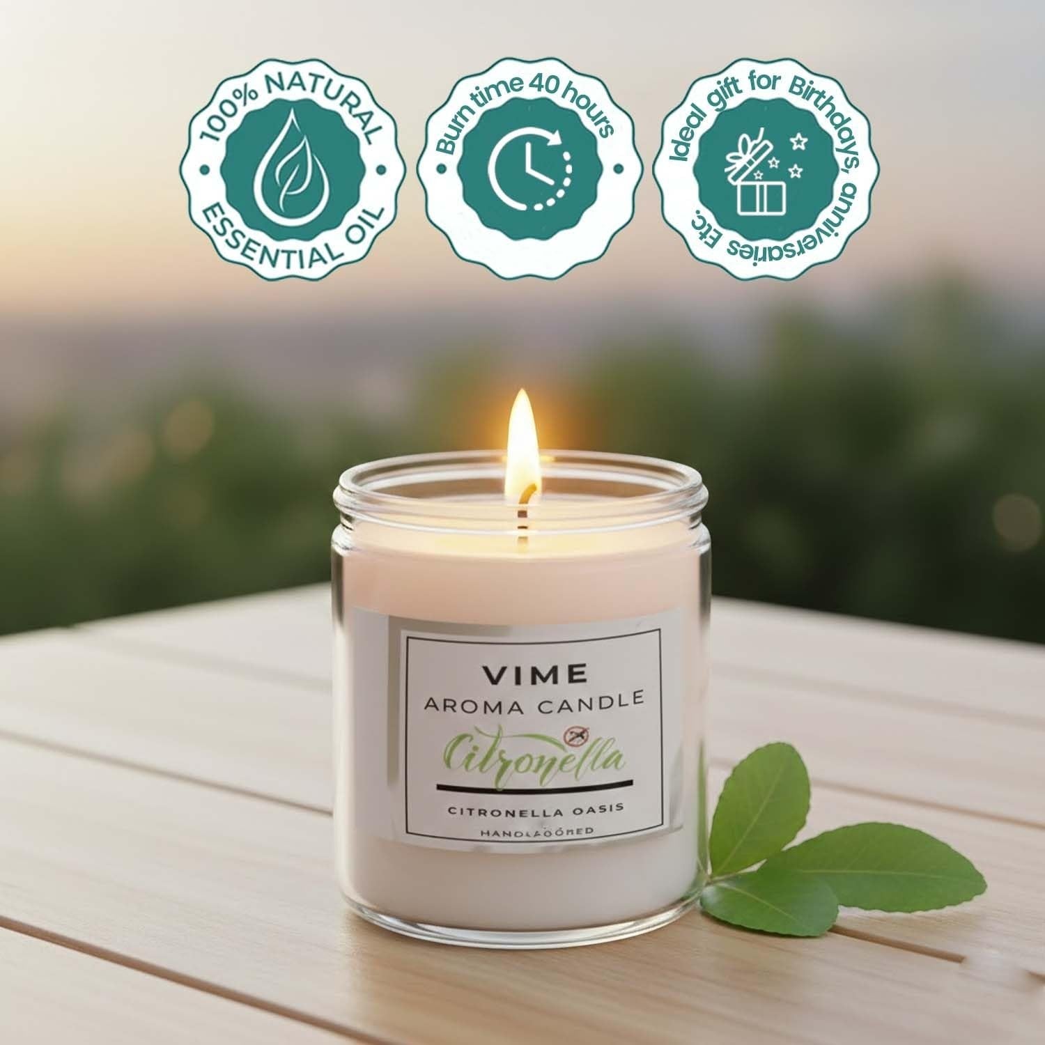 GoHooked ViMe Citronella Oasis aroma candle in a clear glass jar with a white label. Natural essential oil, 40-hour burn time.