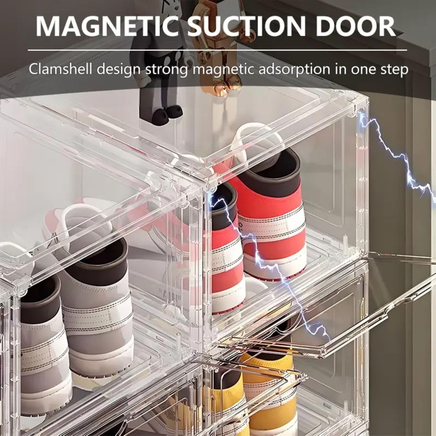GoHooked clear acrylic stackable shoe display boxes with magnetic front door, showcasing sneakers.