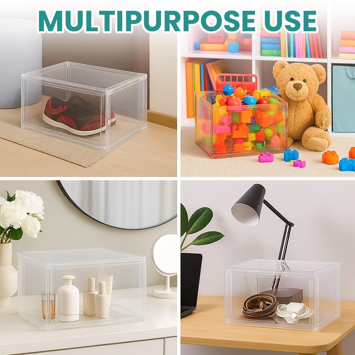 GoHooked clear acrylic stackable shoe box with magnetic front door, ideal for sneaker display, home organization, or storage.