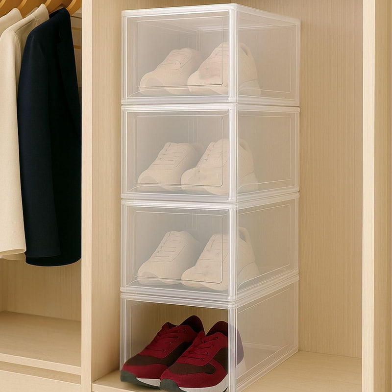 GoHooked clear acrylic stackable shoe display boxes with magnetic front doors, pack of 4, showing sneakers inside.