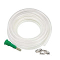 Go Hooked clear braided PVC garden hose pipe, 15 metres, with green connector and two hose clamps.