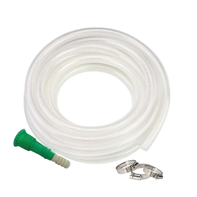 Go Hooked clear braided PVC garden hose pipe, 15 metres, with green connector and two hose clamps.