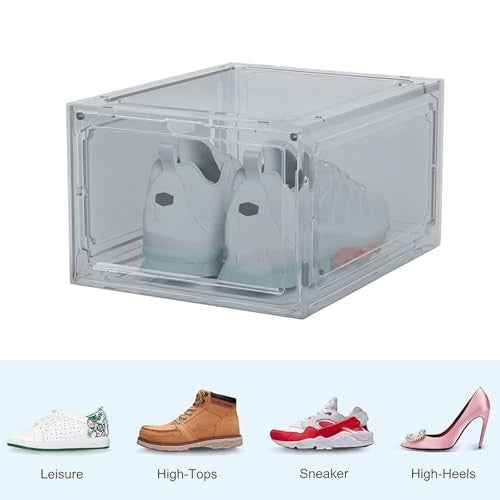 GoHooked clear acrylic shoe box with grey trim and magnetic front door, stackable for sneaker display and storage.