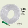 GoHooked clear 10-meter braided PVC garden hose pipe with green connector and two metal clamps.
