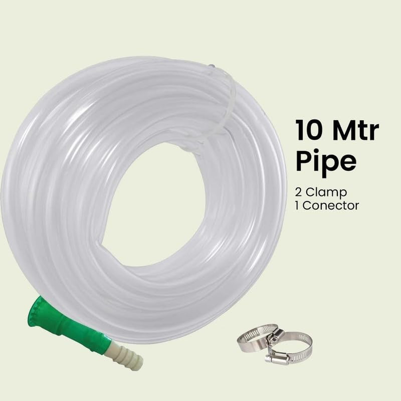 GoHooked clear 10-meter braided PVC garden hose pipe with green connector and two metal clamps.