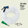 GoHooked 30-meter clear PVC braided garden hose pipe with 7-pattern sprayer gun, connector, and 3 clamps.