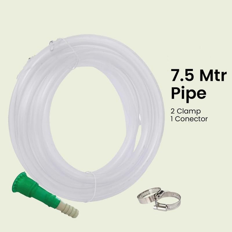 Go Hooked clear 7.5 meter braided PVC garden hose pipe with green connector and two clamps for watering plants.