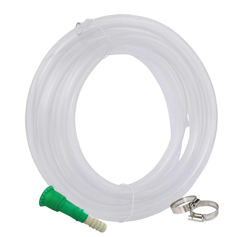Go Hooked clear braided PVC garden hose pipe with green connector and two hose clamps. 7.5 metres.