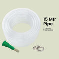 GoHooked clear braided PVC garden hose pipe with green connector and two clamps. 15 meters long.