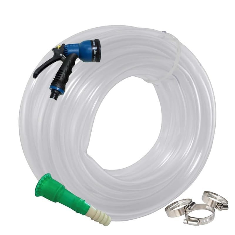 GoHooked clear 3-layered braided PVC garden hose pipe with spray gun and clamps. 32.5 ft.