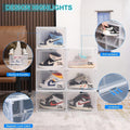 GoHooked clear acrylic stackable shoe boxes with magnetic front door, displaying various sneakers. Features ventilation and sturdy design.