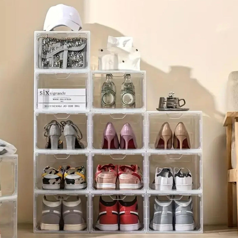 GoHooked clear acrylic stackable shoe display boxes with magnetic front doors, showcasing various shoes and accessories.