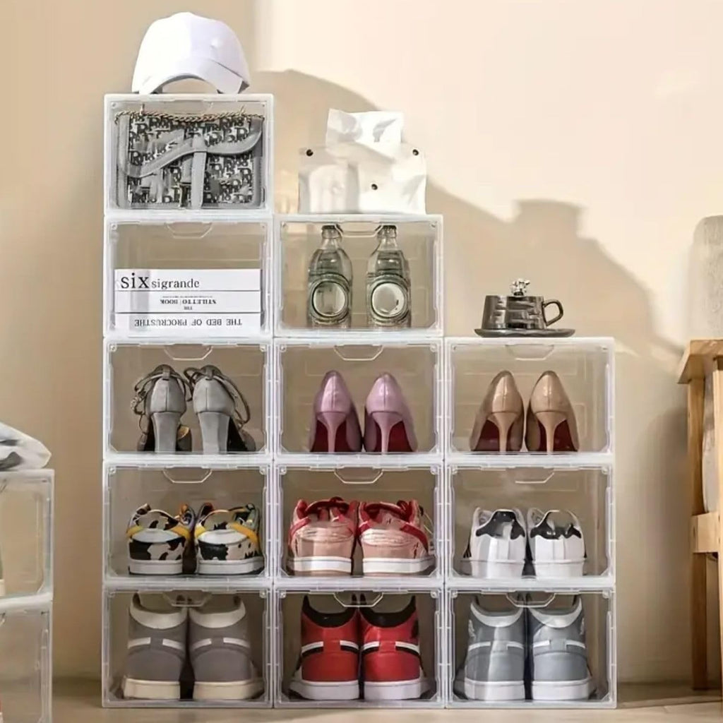 GoHooked clear acrylic stackable shoe boxes with magnetic front doors displaying sneakers, heels, and accessories.