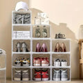 GoHooked clear acrylic stackable shoe boxes with magnetic front doors displaying sneakers, heels, and accessories.