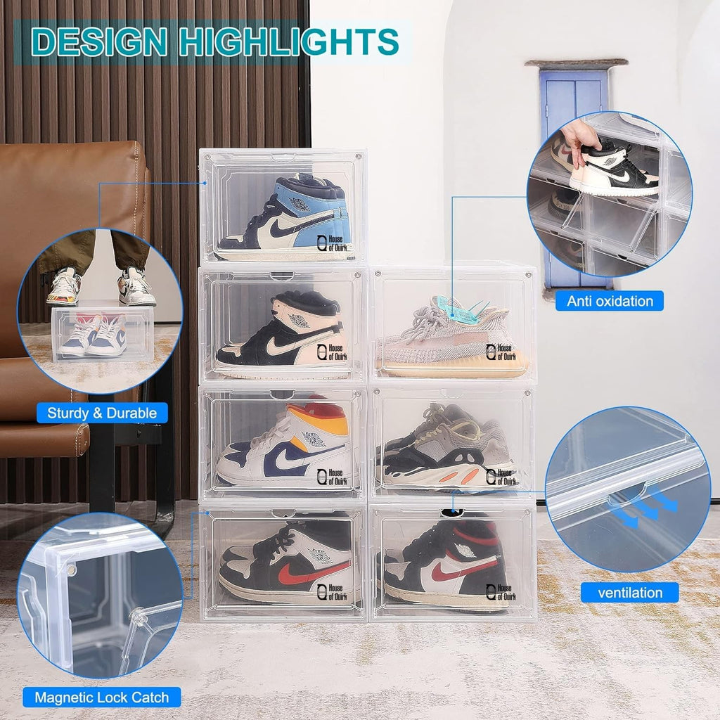 GoHooked clear acrylic stackable shoe display boxes with magnetic front door, showcasing sneakers. Pack of 2.