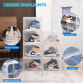 GoHooked clear acrylic stackable shoe display boxes with magnetic front door, showcasing sneakers. Pack of 2.