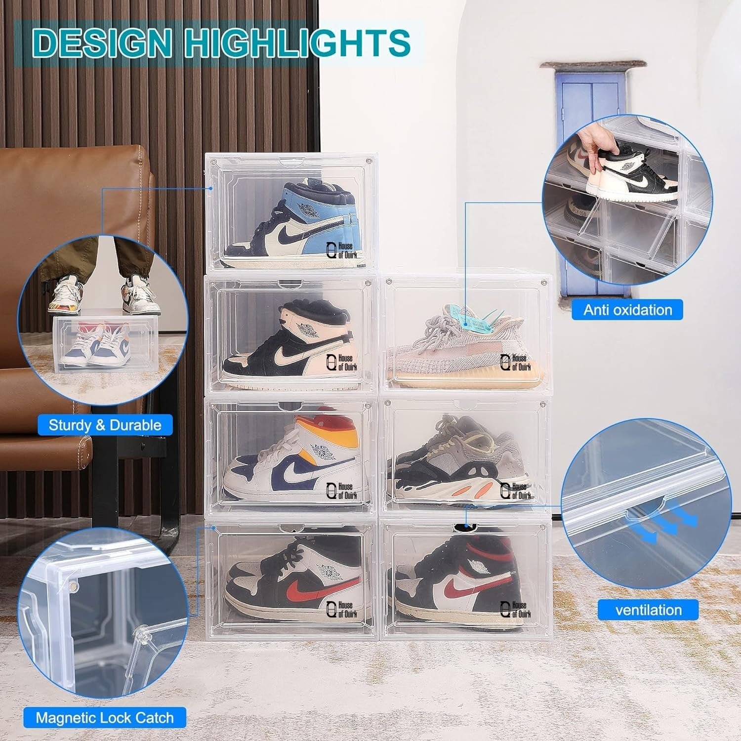 GoHooked clear acrylic stackable shoe display boxes with magnetic front door, showcasing sneakers. Pack of 2.