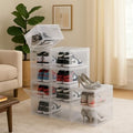 GoHooked clear acrylic stackable shoe boxes with magnetic front doors displaying sneakers and heels.