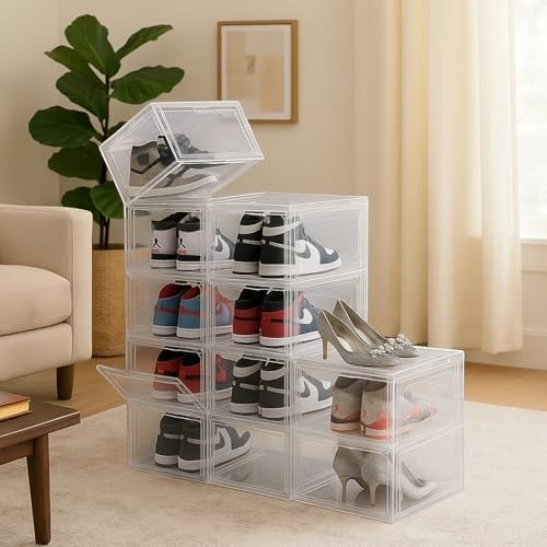GoHooked clear acrylic stackable shoe boxes with magnetic front doors displaying sneakers and heels.