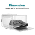 GoHooked clear acrylic stackable shoe box with magnetic front door, displaying grey sneakers. Dimensions 37.5L x 26.5W x 20.5H cm.