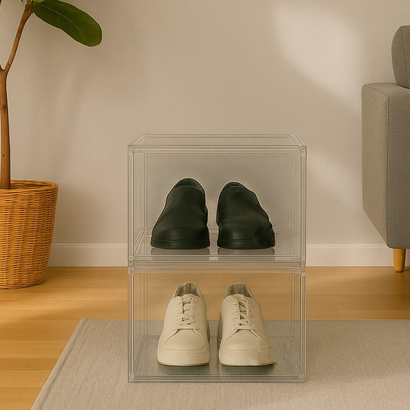 GoHooked clear acrylic stackable shoe boxes with magnetic front door, holding black loafers and white sneakers.