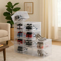 GoHooked clear acrylic stackable shoe boxes with magnetic front doors, displaying sneakers and heels.