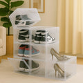 GoHooked clear acrylic stackable shoe boxes with magnetic front doors, ideal for sneaker display and home organization.