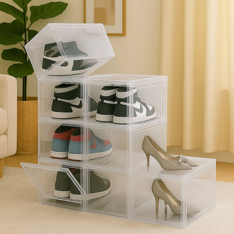 GoHooked clear acrylic stackable shoe boxes with magnetic front doors, ideal for sneaker display and home organization.