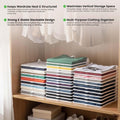 GoHooked white plastic stackable clothes organizer trays neatly storing folded shirts and jeans in a closet.