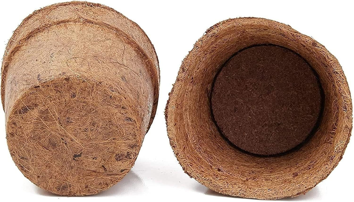 Go Hooked 4-inch brown biodegradable coco coir seed starter pots, pack of 30. Ideal for germination and healthy plant growth.