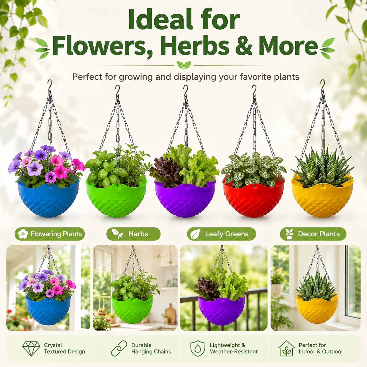 GoHooked set of 5 colorful crystal-textured hanging planters with metal chains, displaying various plants and herbs.