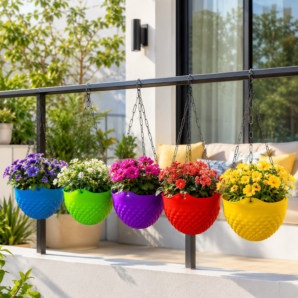 GoHooked set of 5 colorful crystal-textured hanging planters with metal chains displayed on a balcony railing.