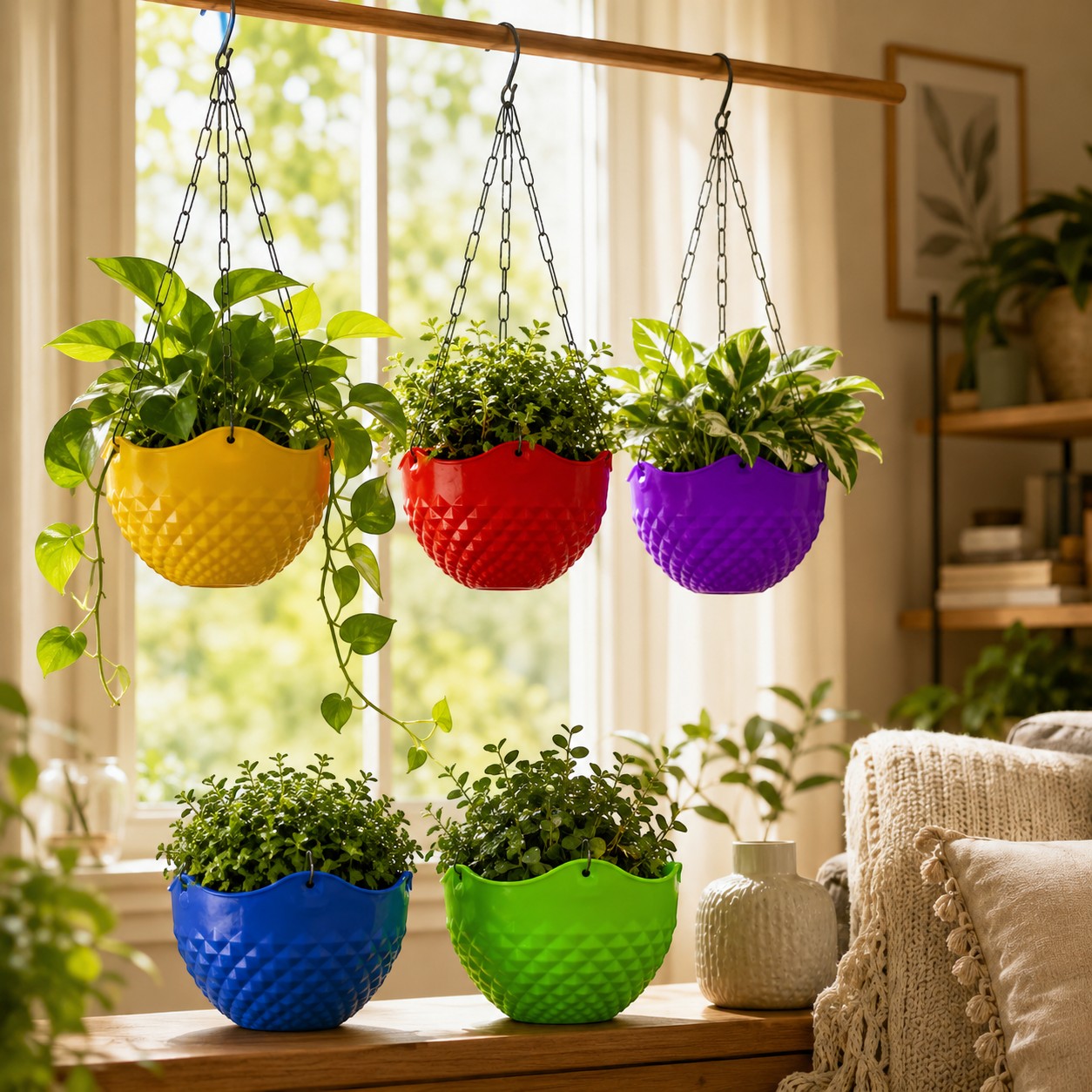 GoHooked set of 5 colorful crystal-textured hanging planters with metal chains, displayed indoors with green plants.