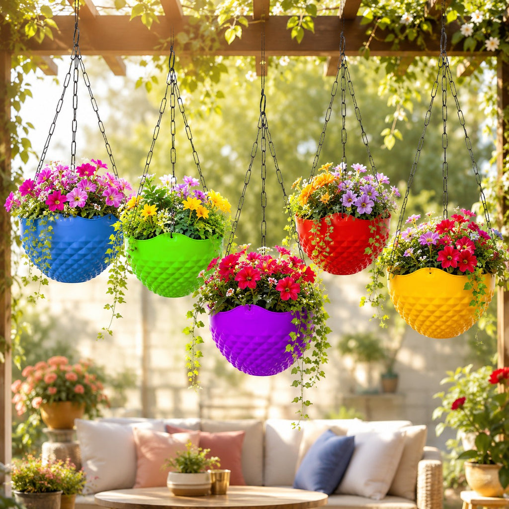 GoHooked set of 5 colorful crystal-textured hanging planters with metal chains, displayed in a sunny garden patio.