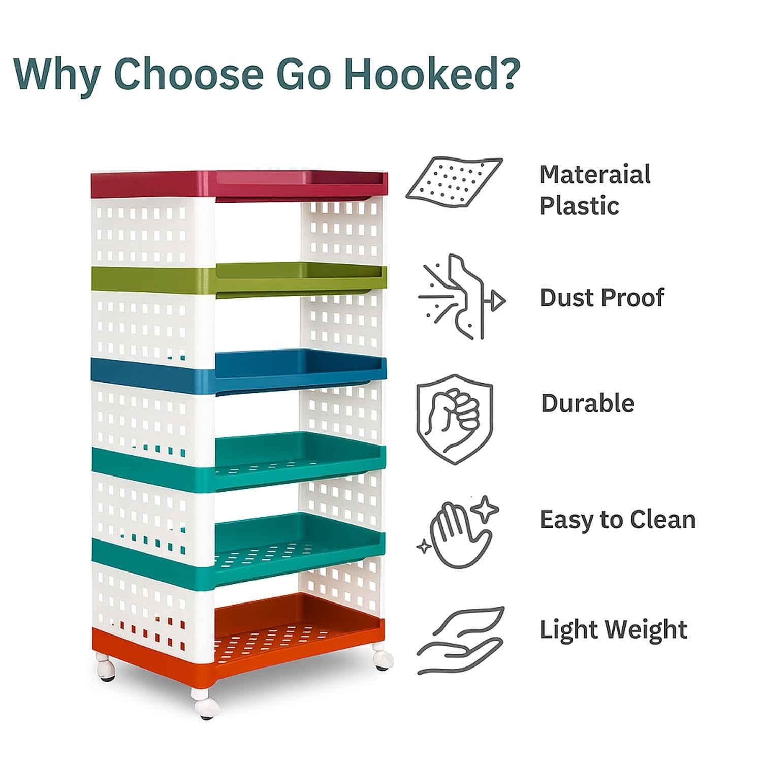 GoHooked 6-tier multipurpose plastic storage rack with wheels, featuring colorful shelves in red, green, blue, and orange.