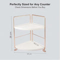 GoHooked white two-tier corner vanity organizer shelf with rose gold metal frame. Perfect for makeup and skincare.