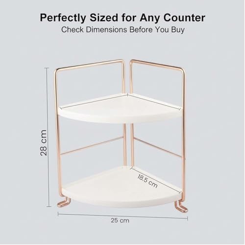 GoHooked white two-tier corner vanity organizer shelf with rose gold metal frame. Perfect for makeup and skincare.