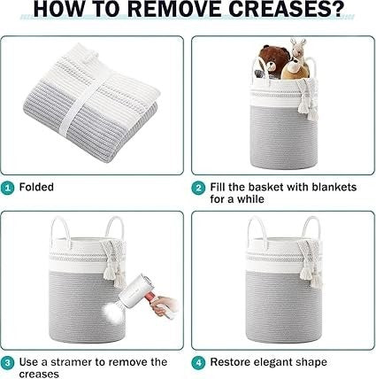 GoHooked cotton rope laundry basket showing four steps to remove creases and restore shape for home organization.
